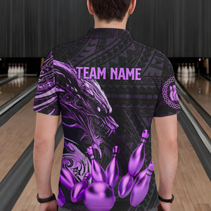 Black and Purple Dragon Tribal Bowling Polo, 1/4 Zip Shirts For Men Custom Retro Bowling Team Jerseys NQS9630