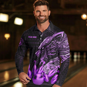 Black and Purple Dragon Tribal Bowling Polo, 1/4 Zip Shirts For Men Custom Retro Bowling Team Jerseys NQS9630