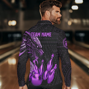 Black and Purple Dragon Tribal Bowling Polo, 1/4 Zip Shirts For Men Custom Retro Bowling Team Jerseys NQS9630