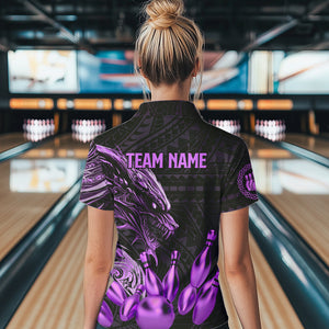 Black and Purple Dragon Tribal Bowling Polo, 1/4 Zip Shirts For Women Custom Retro Bowling Team Jersey NQS9630