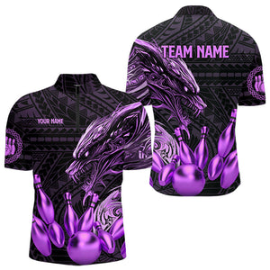 Black and Purple Dragon Tribal Bowling Polo, 1/4 Zip Shirts For Men Custom Retro Bowling Team Jerseys NQS9630