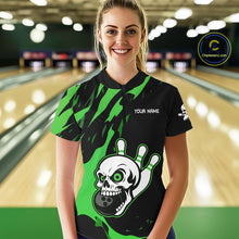 Load image into Gallery viewer, Black and Green Skull Bowling Shirts for Women Custom Team bowling jersey, gift for bowlers NQS11709