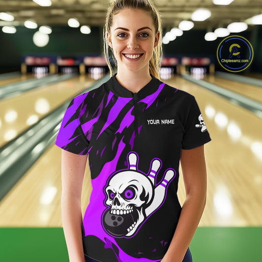 Black and Purple Skull Bowling Shirts for Women Custom Team bowling jersey, gift for bowlers NQS11710