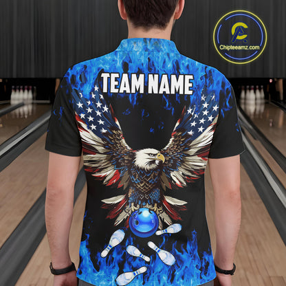 Blue flame Mens bowling polo shirts Custom American flag Eagle Team bowling shirts, gift for bowlers NQS7403