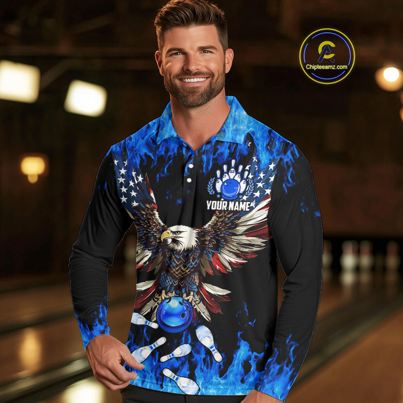 Blue flame Mens bowling polo shirts Custom American flag Eagle Team bowling shirts, gift for bowlers NQS7403