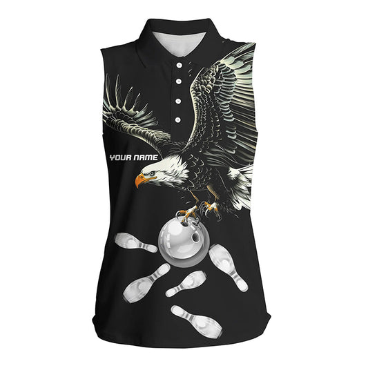 Black and white Women sleeveless polo shirts Custom Eagle Team bowling shirts, gift for bowlers NQS7405