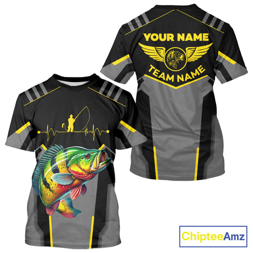 Personalized Black Peacock Bass Fishing jersey, Team Bass Fishing Long Sleeve tournament shirt| Yellow NQS9823