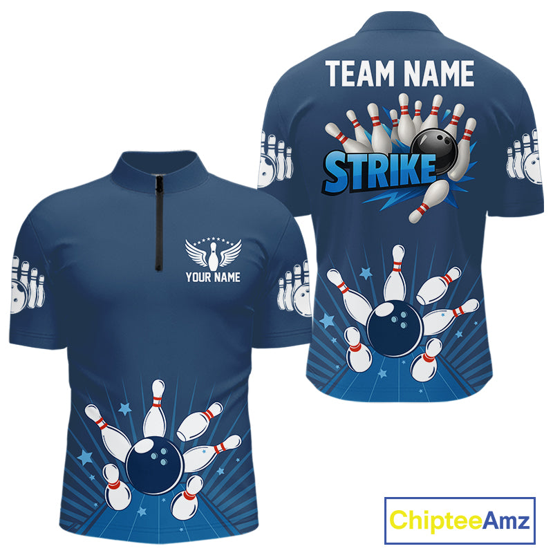 Strike Bowling Polo, Quarter-Zip Shirts For Men Custom Bowling Team Jerseys Bowlers Outfit | Blue NQS9926