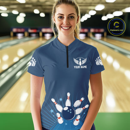 Strike Bowling Polo, Quarter-Zip Shirts For Women Custom Bowling Team Jerseys Bowlers Outfit | Blue NQS9926
