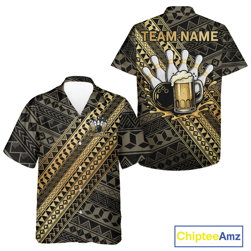 Yellow and Black tribal pattern Bowling and Beer Hawaiian shirt custom Team Bowling button up shirt NQS9928