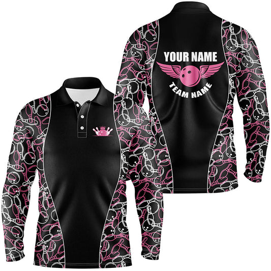 Black and pink Bowling pattern Polo, Quarter Zip Shirts For Men, Personalized Bowling Team Jerseys NQS7724