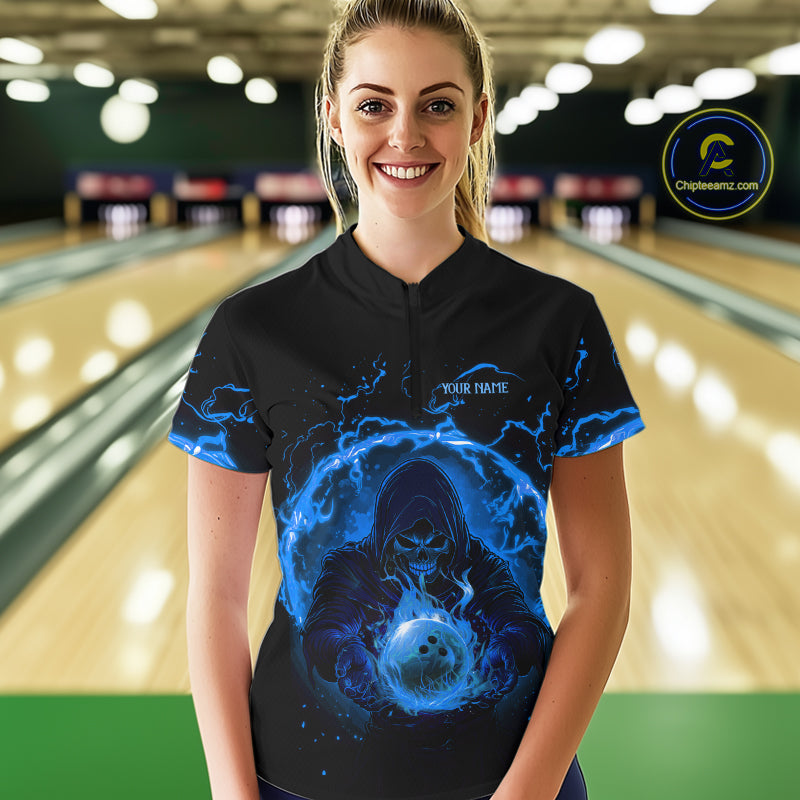 Women bowling polo, 1/4 zip shirts Custom blue flame skull bowling team jerseys, gift for Bowlers NQS10056