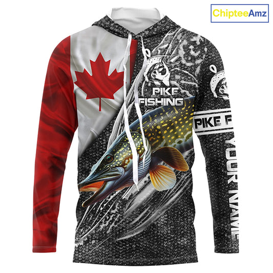 Canadian Flag Northern Pike Fishing Custom long sleeve performance Fishing Shirt, pike Fishing jerseys NQS3538