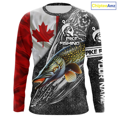 Canadian Flag Northern Pike Fishing Custom long sleeve performance Fishing Shirt, pike Fishing jerseys NQS3538