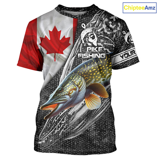 Canadian Flag Northern Pike Fishing Custom long sleeve performance Fishing Shirt, pike Fishing jerseys NQS3538