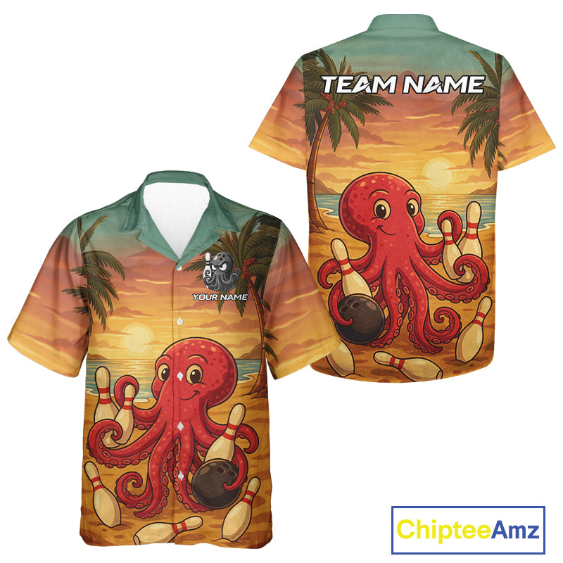 Funny Octopus Bowling Hawaiian shirt Custom Octopus Team bowling button up shirt NQS10587