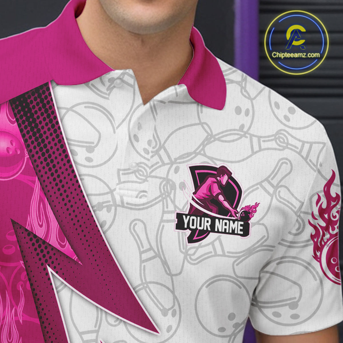 Custom Bowling Polo, Quarter Zip Shirt For Men Pink flame camo Bowling shirts, Bowling Team jerseys NQS11585