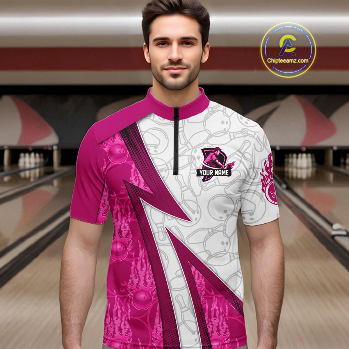 Custom Bowling Polo, Quarter Zip Shirt For Men Pink flame camo Bowling shirts, Bowling Team jerseys NQS11585
