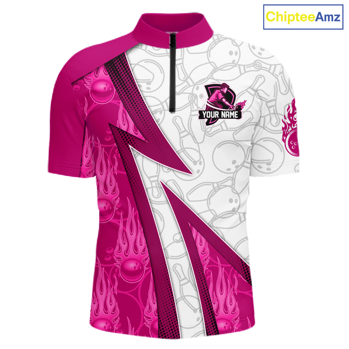 Custom Bowling Polo, Quarter Zip Shirt For Men Pink flame camo Bowling shirts, Bowling Team jerseys NQS11585