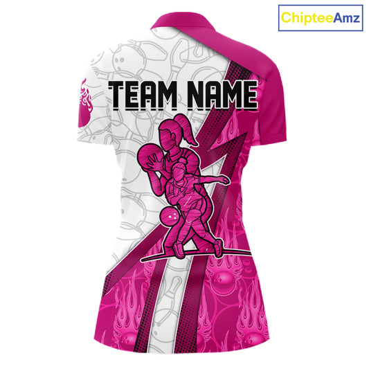 Custom Bowling Polo, Quarter Zip Shirt For Women Pink flame camo Bowling shirts, Bowling Team jerseys NQS11585