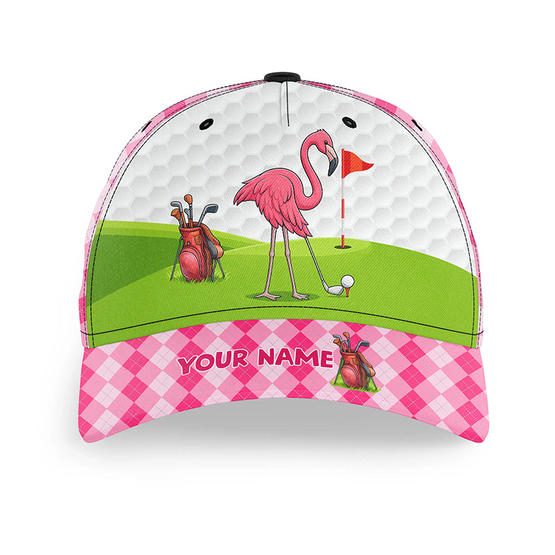 Funny Flamingo Golfer hat custom pink and white argyle pattern golf sun hats, unique golf gifts NQS9933