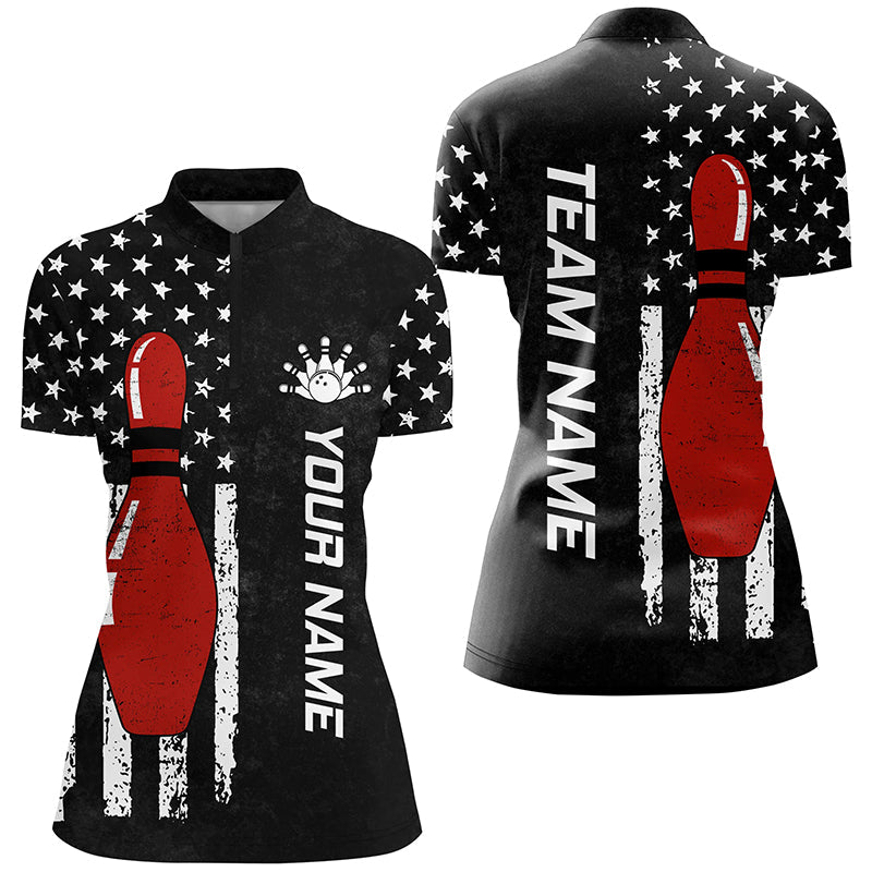 Retro Black American Flag Women Bowling Polo, Quarter zip Shirts Custom Patriotic Bowling Team Jerseys NQS8414