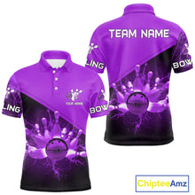 Load image into Gallery viewer, Men bowling polo, quarter zip shirts Custom purple lightning thunder Bowling Team Jersey Bowlers Gift NQS10591