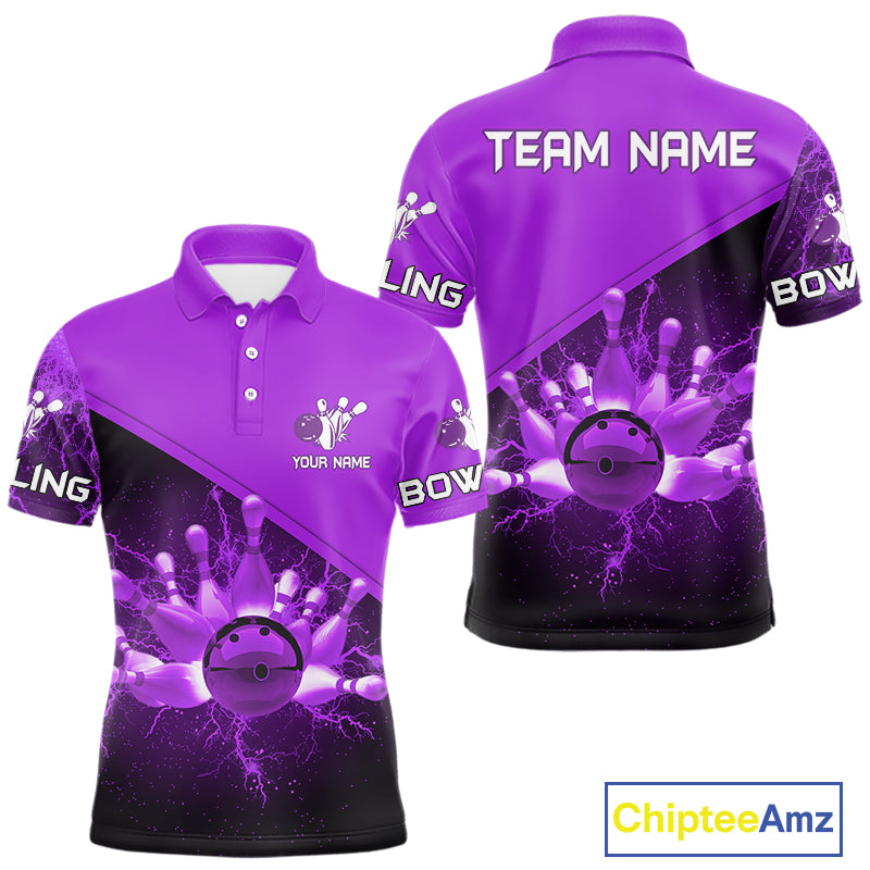 Men bowling polo, quarter zip shirts Custom purple lightning thunder Bowling Team Jersey Bowlers Gift NQS10591