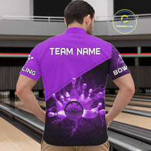 Load image into Gallery viewer, Men bowling polo, quarter zip shirts Custom purple lightning thunder Bowling Team Jersey Bowlers Gift NQS10591