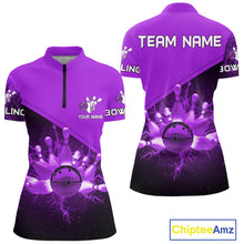 Load image into Gallery viewer, Women bowling polo, 1/4 zip shirts Custom purple lightning thunder Bowling Team Jersey Bowlers Gift NQS10591