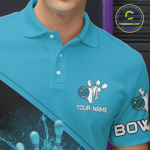 Men bowling polo, 1/4 zip shirts Custom light blue lightning thunder Bowling Team Jersey Bowlers Gift NQS10592