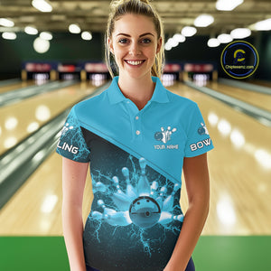 Women bowling polo, 1/4 zip shirt Custom light blue lightning thunder Bowling Team Jersey Bowler Gift NQS10592