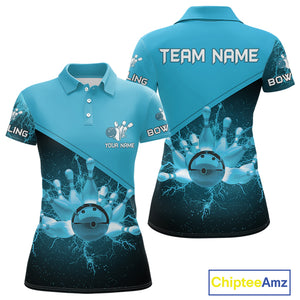 Women bowling polo, 1/4 zip shirt Custom light blue lightning thunder Bowling Team Jersey Bowler Gift NQS10592