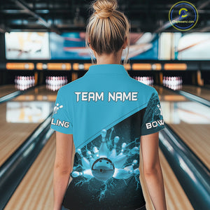 Women bowling polo, 1/4 zip shirt Custom light blue lightning thunder Bowling Team Jersey Bowler Gift NQS10592