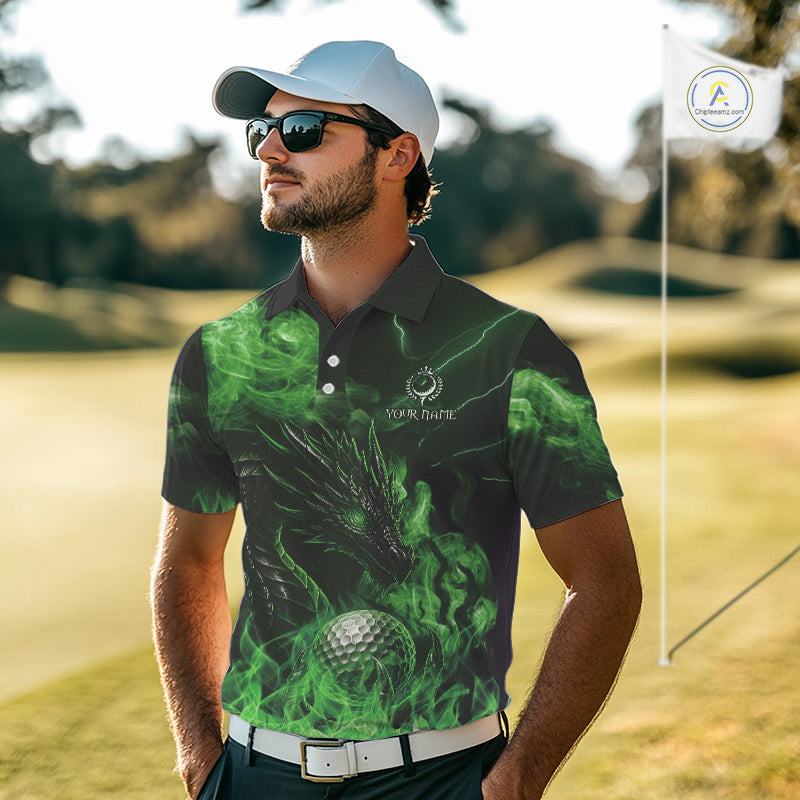 Green Flame Dragon Golf polo shirts For Men Custom Dragon team mens golf outfits, gift for golf lover NQS10791