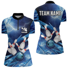 Load image into Gallery viewer, Blue Lightning Thunder Storm Bowling Polo, Quarter Zip Shirt For Women Custom Bowling Team Jersey NQS9114