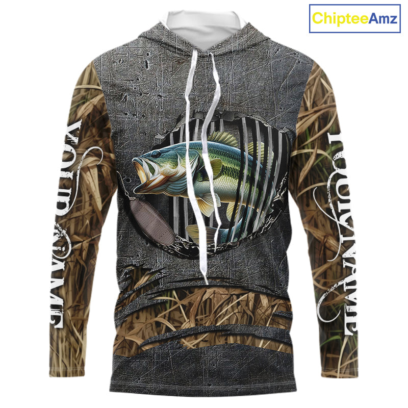 Largemouth Bass fishing camo metal grunge pattern Custom bass fishing jerseys bass tournament shirt NQS11369