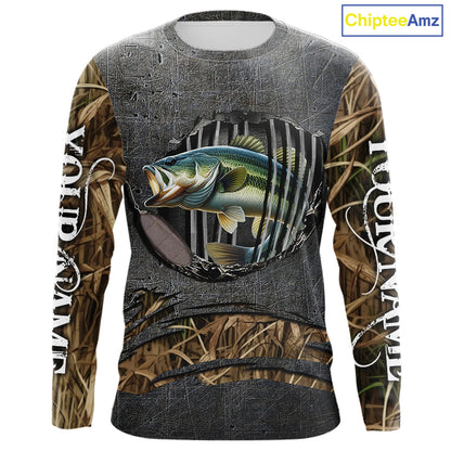 Largemouth Bass fishing camo metal grunge pattern Custom bass fishing jerseys bass tournament shirt NQS11369