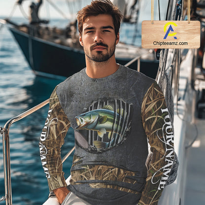 Largemouth Bass fishing camo metal grunge pattern Custom bass fishing jerseys bass tournament shirt NQS11369