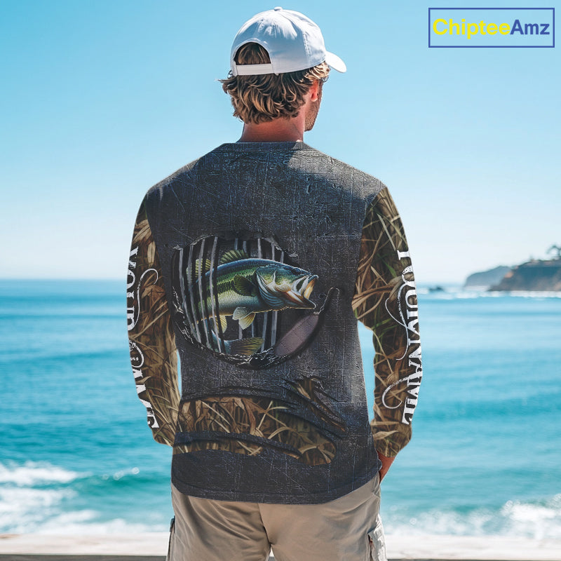 Largemouth Bass fishing camo metal grunge pattern Custom bass fishing jerseys bass tournament shirt NQS11369
