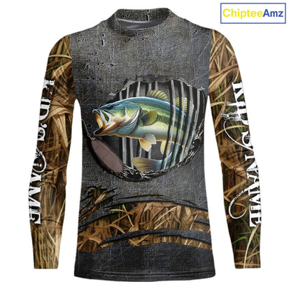 Largemouth Bass fishing camo metal grunge pattern Custom bass fishing jerseys bass tournament shirt NQS11369