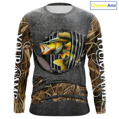 Walleye fishing camo metal grunge pattern Custom walleye fishing shirts walleye fishing gifts NQS11370