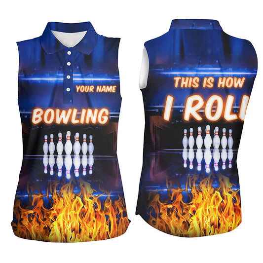 Custom blue sleeveless bowling shirt for women – personalized team jersey front view