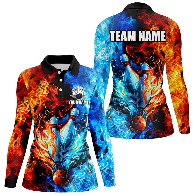 Blue and orange two sides Flame bowling Polo, Quarter Zip shirts for women Custom Bowling Team Jerseys NQS7749