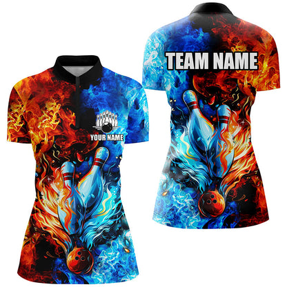 Blue and orange two sides Flame bowling Polo, Quarter Zip shirts for women Custom Bowling Team Jerseys NQS7749