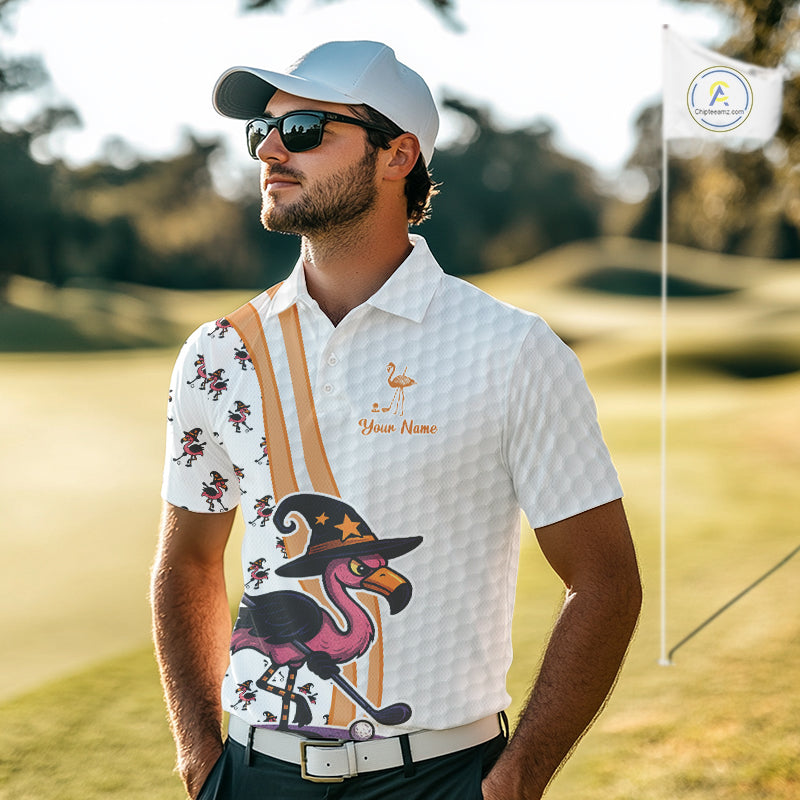 Funny Mens golf polo shirt custom Halloween flamingo pattern white golf shirts NQS10377