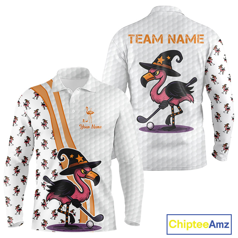 Funny Mens golf polo shirt custom Halloween flamingo pattern white golf shirts NQS10377