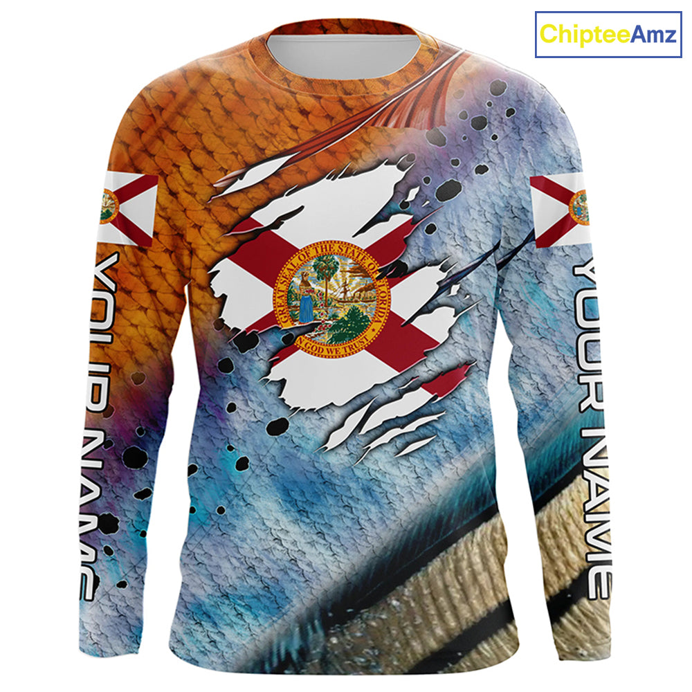 Inshore slam redfish trout snook scales Florida flag Custom patriotic fishing long sleeve shirts NQS8621
