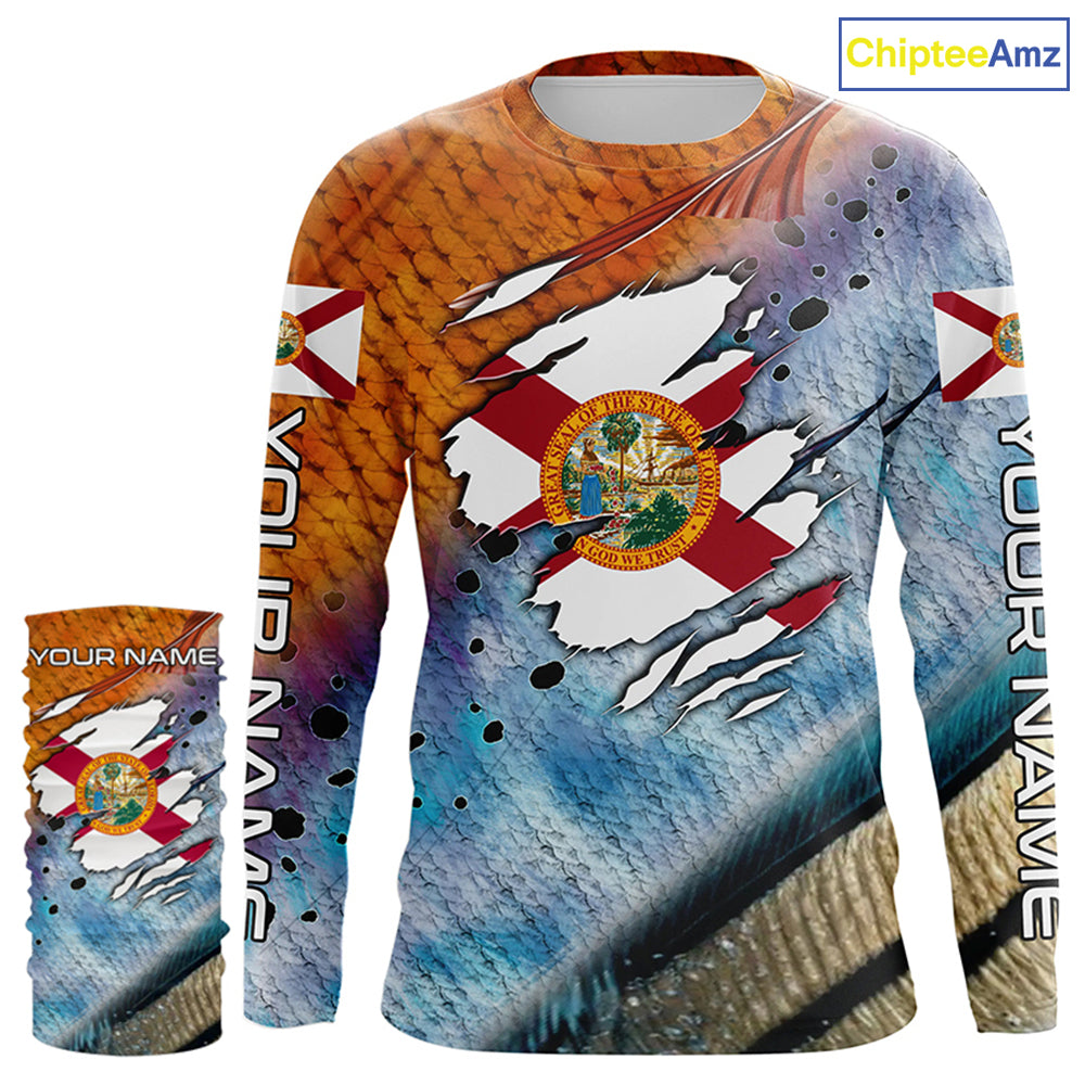 Inshore slam redfish trout snook scales Florida flag Custom patriotic fishing long sleeve shirts NQS8621