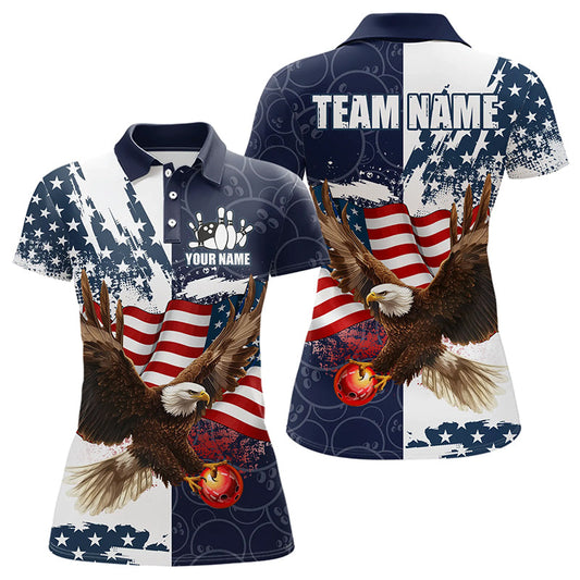 Red, White and Blue American Flag Eagle Bowling Shirts For Women Custom Patriotic Bowling Team Jersey NQS9120